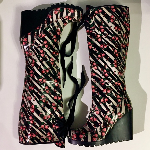 SOLD Betseyville Betsey Johnson Tall Knee Wedge Rain Boots Animal Floral Roses - Picture 2 of 7